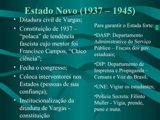 Estado Novo (1937 – 1945)Estado Novo (1937 – 1945)
• Ditadura civil de Vargas;
• Constituição de 1937 –
“polaca” de tendência
fascista cujo mentor foi
Francisco Campos, “Chico
ciência”;
• Fecha o congresso;
• Coloca interventores nos
Estados (pessoas de sua
confiança);
• Institucionalização da
ditadura de Vargas -
constituição
Para garantir o Estada forte:
•DASP: Departamento
Administrativo do Serviço
Público – Fiscais dos gov.
estaduais;
•DIP: Departamento de
Imprensa e Propaganda –
Censura e Voz do Brasil;
•UNE: Vigiar os estudantes;
•Polícia Secreta: Filinto
Muller - Vigia, prende,
pune e mata.
 