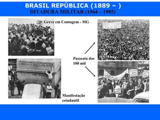 BRASIL REPÚBLICA (1889 – )
Prof. IairProf. Iairiair@pop.com.br
DITADURA MILITAR (1964 – 1985)
Greve em Contagem - MG
Passeata dos
100 mil
Manifestação
estudantil
 