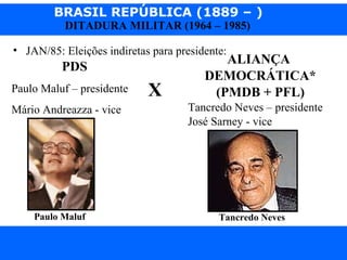 BRASIL REPÚBLICA (1889 – )
Prof. IairProf. Iairiair@pop.com.br
DITADURA MILITAR (1964 – 1985)
• JAN/85: Eleições indiretas para presidente:
PDS
Paulo Maluf – presidente
Mário Andreazza - vice
X
ALIANÇA
DEMOCRÁTICA*
(PMDB + PFL)
Tancredo Neves – presidente
José Sarney - vice
Tancredo NevesPaulo Maluf
 