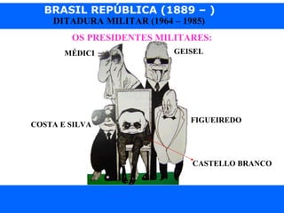 BRASIL REPÚBLICA (1889 – )
Prof. IairProf. Iairiair@pop.com.br
DITADURA MILITAR (1964 – 1985)
OS PRESIDENTES MILITARES:
MÉDICI GEISEL
FIGUEIREDO
COSTA E SILVA
CASTELLO BRANCO
 