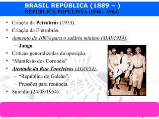 BRASIL REPÚBLICA (1889 – )
Prof. IairProf. Iairiair@pop.com.br
REPÚBLICA POPULISTA (1946 – 1964)
• Criação da Petrobrás (1953).
• Criação da Eletrobrás.
• Aumento de 100% para o salário mínimo (MAI/1954).
– Jango.
• Críticas generalizadas da oposição.
• “Manifesto dos Coronéis”
• Atentado da Rua Toneleiros (AGO/54).
– “República do Galeão”.
– Pressões para renúncia.
• Suicídio (24/08/1954).
 