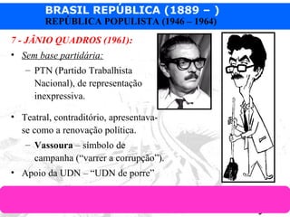 BRASIL REPÚBLICA (1889 – )
Prof. IairProf. Iairiair@pop.com.br
REPÚBLICA POPULISTA (1946 – 1964)
7 - JÂNIO QUADROS (1961):
• Sem base partidária:
– PTN (Partido Trabalhista
Nacional), de representação
inexpressiva.
• Teatral, contraditório, apresentava-
se como a renovação política.
– Vassoura – símbolo de
campanha (“varrer a corrupção”).
• Apoio da UDN – “UDN de porre”
 