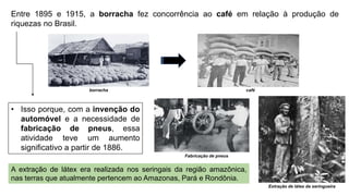 Entre 1895 e 1915, a borracha fez concorrência ao café em relação à produção de
riquezas no Brasil.
• Isso porque, com a invenção do
automóvel e a necessidade de
fabricação de pneus, essa
atividade teve um aumento
significativo a partir de 1886.
borracha café
Fabricação de pneus
Extração de látex da seringueira
A extração de látex era realizada nos seringais da região amazônica,
nas terras que atualmente pertencem ao Amazonas, Pará e Rondônia.
 