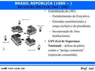 Constituição de 1967: Fortalecimento do Executivo. Emendas constitucionais a cargo exclusivo do presidente. Incorporação de Atos Institucionais. LSN (Lei de Segurança Nacional)  – defesa da pátria contra o “perigo comunista” (repressão consentida). 