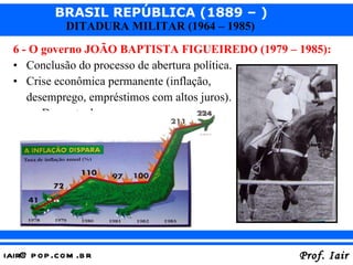 6 - O governo JOÃO BAPTISTA FIGUEIREDO (1979 – 1985): Conclusão do processo de abertura política. Crise econômica permanente (inflação,  desemprego, empréstimos com altos juros). Desgaste do governo. 