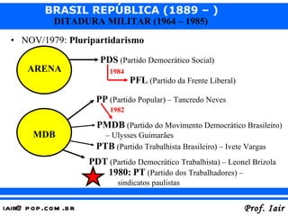 NOV/1979:  Pluripartidarismo ARENA MDB PDS  (Partido Democrático Social) PP  (Partido Popular) – Tancredo Neves PMDB  (Partido do Movimento Democrático Brasileiro) – Ulysses Guimarães 1982 PFL  (Partido da Frente Liberal) 1984 PTB  (Partido Trabalhista Brasileiro) – Ivete Vargas PDT  (Partido Democrático Trabalhista) – Leonel Brizola 1980:   PT  (Partido dos Trabalhadores) – sindicatos paulistas 