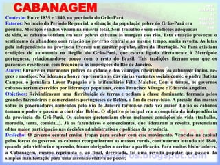 CABANAGEM
Contexto: Entre 1835 e 1840, na província do Grão-Pará.
Fatores: No início do Período Regencial, a situação da população pobre do Grão-Pará era
péssima. Mestiços e índios viviam na miséria total. Sem trabalho e sem condições adequadas
de vida, os cabanos sofriam em suas pobres cabanas às margens dos rios. Esta situação provocou o
sentimento de abandono com relação ao governo central e ao mesmo tempo, muita revolta. As lutas
pela independência na província tiveram um caráter popular, além da libertação. No Pará existiam
tradições de autonomia na Região do Grão-Pará, que estava ligado diretamente à Metrópole
portuguesa, relacionando-se pouco com o resto do Brasil. Tais tradições fizeram com que os
paraenses resistissem com frequência às imposições do Rio de Janeiro.
Atores: Envolve os moradores pobres da cidade e dos vilarejos ribeirinhos (os cabanos): índios, ne-
gros e mestiços. Na liderança houve representantes das várias vertentes sociais como: o padre Batista
Campos, o jornalista Lavor Papagaio e o latifundiário Félix Malcher. Com o tempo, os governos
cabanos seriam exercidos por lideranças populares, como Francisco Vinagre e Eduardo Angelim.
Objetivos: Reivindicavam uma distribuição de terras e pediam à classe dominante, formada pelos
grandes fazendeiros e comerciantes portugueses de Belém, o fim da escravidão. A pressão das massas
sobre os governadores nomeados pelo Rio de Janeiro tornou-se cada vez maior. Então os cabanos
tomam o poder e passam a controlar Belém. O objetivo principal era a conquista da independência
da província do Grã-Pará. Os cabanos pretendiam obter melhores condições de vida (trabalho,
moradia, terra, comida...). Já os fazendeiros e comerciantes, que lideraram a revolta, pretendiam
obter maior participação nas decisões administrativas e políticas da província.
Desfecho: O governo central enviou tropas para acabar com esse movimento. Vencidos na capital
pelas forças do governo, os cabanos reorganizaram as massas rurais, continuaram lutando até 1840,
quando pela violência e opressão, foram obrigados a aceitar a pacificação. Para muitos historiadores,
a Cabanagem, mesmo reprimida e, ao final, derrotada, foi uma revolta popular que passou da
simples manifestação para uma ascensão efetiva ao poder.
 