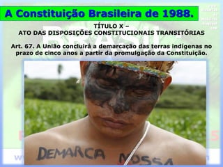 TÍTULO X –
ATO DAS DISPOSIÇÕES CONSTITUCIONAIS TRANSITÓRIAS
Art. 67. A União concluirá a demarcação das terras indígenas no
prazo de cinco anos a partir da promulgação da Constituição.
A Constituição Brasileira de 1988.
 