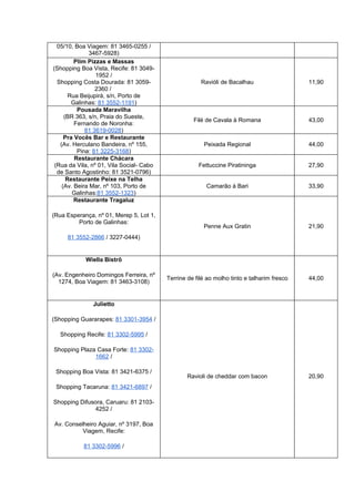 05/10, Boa Viagem: 81 3465-0255 /
              3467-5928)
         Plim Pizzas e Massas
(Shopping Boa Vista, Recife: 81 3049-
                 1952 /
  Shopping Costa Dourada: 81 3059-                     Ravióli de Bacalhau                   11,90
                 2360 /
       Rua Beijupirá, s/n, Porto de
        Galinhas: 81 3552-1191)
          Pousada Maravilha
     (BR 363, s/n, Praia do Sueste,
                                                    Filé de Cavala à Romana                  43,00
         Fernando de Noronha:
             81 3619-0028)
     Pra Vocês Bar e Restaurante
   (Av. Herculano Bandeira, nº 155,                     Peixada Regional                     44,00
          Pina: 81 3225-3168)
         Restaurante Chácara
 (Rua da Vila, nº 01, Vila Social- Cabo               Fettuccine Piratininga                 27,90
  de Santo Agostinho: 81 3521-0796)
      Restaurante Peixe na Telha
    (Av. Beira Mar, nº 103, Porto de                     Camarão à Bari                      33,90
        Galinhas:81 3552-1323)
         Restaurante Tragaluz

(Rua Esperança, nº 01, Merep 5, Lot 1,
         Porto de Galinhas:
                                                        Penne Aux Gratin                     21,90
     81 3552-2866 / 3227-0444)


            Wiella Bistrô

(Av. Engenheiro Domingos Ferreira, nº
                                          Terrine de filé ao molho tinto e talharim fresco   44,00
  1274, Boa Viagem: 81 3463-3108)


               Julietto

(Shopping Guararapes: 81 3301-3954 /

   Shopping Recife: 81 3302-5995 /

Shopping Plaza Casa Forte: 81 3302-
              1662 /

 Shopping Boa Vista: 81 3421-6375 /
                                                  Ravioli de cheddar com bacon               20,90
 Shopping Tacaruna: 81 3421-6897 /

Shopping Difusora, Caruaru: 81 2103-
               4252 /

Av. Conselheiro Aguiar, nº 3197, Boa
          Viagem, Recife:

           81 3302-5996 /
 