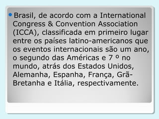 Brasil,de acordo com a International
 Congress & Convention Association
 (ICCA), classificada em primeiro lugar
 entre os países latino-americanos que
 os eventos internacionais são um ano,
 o segundo das Américas e 7 º no
 mundo, atrás dos Estados Unidos,
 Alemanha, Espanha, França, Grã-
 Bretanha e Itália, respectivamente.
 