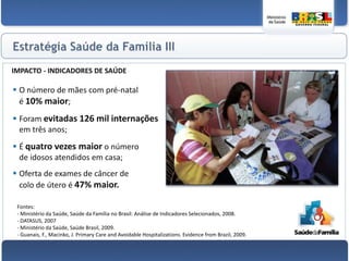 35 mil crianças deixaram de morrer devido à expansão da Saúde da Família em cinco anos.    Redução na taxa de mortalidade infantil é 20% maior nos municípios com Saúde da Família.Fontes: - Rocha, R., Soares, R. Evalution the Impacto f Community Based Health Interventions: Evidence from    Brazil’s Family Health Program, 2009. - Guanais, F., Macinko, J. An evaluation of the Family Health Program on Infant Mortality in Brazil, 2006.