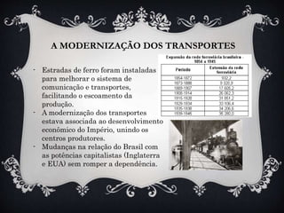 A MODERNIZAÇÃO DOS TRANSPORTES
- Estradas de ferro foram instaladas
para melhorar o sistema de
comunicação e transportes,
facilitando o escoamento da
produção.
- A modernização dos transportes
estava associada ao desenvolvimento
econômico do Império, unindo os
centros produtores.
- Mudanças na relação do Brasil com
as potências capitalistas (Inglaterra
e EUA) sem romper a dependência.
 