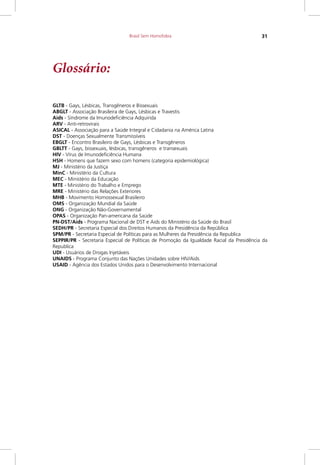 Brasil Sem Homofobia 31
Glossário:
GLTB - Gays, Lésbicas, Transgêneros e Bissexuais
ABGLT - Associação Brasileira de Gays, Lésbicas e Travestis
Aids - Síndrome da Imunodeficiência Adquirida
ARV - Anti-retrovirais
ASICAL - Associação para a Saúde Integral e Cidadania na América Latina
DST - Doenças Sexualmente Transmissíveis
EBGLT - Encontro Brasileiro de Gays, Lésbicas e Transgêneros
GBLTT - Gays, bissexuais, lésbicas, transgêneros e transexuais
HIV - Vírus de Imunodeficiência Humana
HSH - Homens que fazem sexo com homens (categoria epidemiológica)
MJ - Ministério da Justiça
MinC - Ministério da Cultura
MEC - Ministério da Educação
MTE - Ministério do Trabalho e Emprego
MRE - Ministério das Relações Exteriores
MHB - Movimento Homossexual Brasileiro
OMS - Organização Mundial da Saúde
ONG - Organização Não-Governamental
OPAS - Organização Pan-americana da Saúde
PN-DST/Aids - Programa Nacional de DST e Aids do Ministério da Saúde do Brasil
SEDH/PR - Secretaria Especial dos Direitos Humanos da Presidência da República
SPM/PR - Secretaria Especial de Políticas para as Mulheres da Presidência da Republica
SEPPIR/PR - Secretaria Especial de Políticas de Promoção da Igualdade Racial da Presidência da
Republica
UDI - Usuários de Drogas Injetáveis
UNAIDS - Programa Conjunto das Nações Unidades sobre HIV/Aids
USAID - Agência dos Estados Unidos para o Desenvolvimento Internacional
 