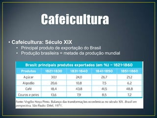 • Cafeicultura: Século XIX
   • Principal produto de exportação do Brasil
   • Produção brasileira = metade da produção mundial
 