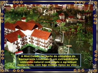 A Mini Cidade faz parte do complexo do Restaurante Lindendorf, um extraordinário ambiente natural com amplo e agradável restaurante, com boa música típica ao vivo... 