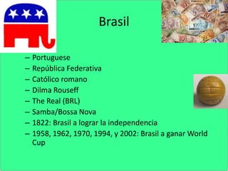 BrasilBrasilPortugueseRepública FederativaCatólico romanoDilmaRouseffTheReal (BRL)Samba/Bossa Nova1822: Brasil a lograr la independencia1958, 1962, 1970, 1994, y 2002: Brasil a ganar World Cup