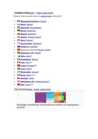 §Cidades-irmãs[editar | editar código-fonte]
Brasília conta com pelo menos 23 cidades-irmãs, entre elas:93
 Abergement-la-Ronce, França94
 Abuja, Nigéria95
 Amsterdã, Países Baixos95
 Berlim, Alemanha95
 Bogotá, Colômbia95
 Boston , Estados Unidos95
 Viena, Áustria96
 Buenos Aires, Argentina95
 Camberra, Austrália93
 Chaoyang, distrito de Pequim, China93
 Diamantina (MG), Brasil95
 Doha, Qatar95
 Guadalajara, México94
 Lima, Peru95 97
 Lisboa, Portugal94 95
 Luxor, Egito98
 Montevidéu, Uruguai95
 Roma, Itália93 94 95
 Santiago, Chile93
 Washington, D.C., Estados Unidos95
 Xian, China94 95
§Economia[editar | editar código-fonte]
Atividades econômicas de Brasília por número de empregados -
(2012)99
 