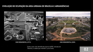 EVOLUÇÃO DE OCUPAÇÃO DA ÁREA URBANA DE BRASÍLIA E ABRANGÊNCIAS
EIXO MONUMENTAL (2009)
EIXO MONUMENTAL (1972)
02
Fonte: autor não identiﬁcado, Acervo ArPDF, retirado de
“Brasília, a cidade que inventei”, Lucio Costa.
 