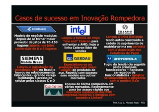 Casos de sucesso em Inovação Rompedora

Modelo de negócio modular;                                  Lançou a linha Reciclato
  depois de se tornar maior    Lançou a familia de chips
                                “low end” Celeron para      tendo antes construido a
provedor de jatos de 70-150                                 cadeia de suprimento de
  lugares aposta nos jatos      enfrentar a AMD; hoje a
                                 linha Celeron líder de    matéria-prima em parceria
 comerciais de 6 a 8 lugares                                  com a Associação dos
                                        vendas
                                                               Catadores de Papel

    Mobile Brasil
                                Especializou-se na         Fugiu da tendência seguida
  Liderou a introdução da    produção low-cost (mini-             pelos principais
tecnologia GSM no Brasil e    usinas) de produtos de         fornecedores – handsets
 inovou no relacionamento aço. Repetiu com sucesso                 carregados de
fabricantes - grande varejo   esse modelo em outros         funcionalidades - apostou
   facilitando o acesso do           mercados              na simplicidade e elegância
 celular pelas classes C e D                                    com o modelo Razr
                                 Inovou de forma rompedora em
                                 vários mercados. Recentemente
                                    para ter acesso rápido aos
                                  mercados residencial das PME
                               empresas comprou e integrou com
                                        sucesso a Linksys
                                                                Prof. Luiz C. Moraes Rego - FGV
 