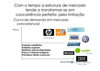 Com o tempo a estrutura de mercado
     tende a transformar-se em
              transformar-
 concorrência perfeita: pela imitação
Curva de demanda em mercado
 concorrencial
Preço




        Produtos substitutos
        Patentes expiram
        Matérias-primas disputadas
        Preço é variável exógena
        Prevalece oferta e procura


                                     Quantidade
 