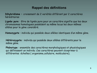 Rappel des définitions   Dihybridisme :  croisement de 2 variétés différant par 2 caractères héréditaires Lignée pure  : être de lignée pure pour un caractère signifie que les deux chromosomes homologues possèdent au même locus les deux mêmes allèles pour le gène considéré.  Homozygote  : individu qui possède deux allèles identiques d’un même gène.  .  Hétérozygote  : individu qui possède deux allèles différents pour le même gène.  Phénotype  : ensemble des caractères morphologiques et physiologiques qui définissent un individu .Ces caractères peuvent s’exprimer à différentes  échelles ( organisme,cellulaire, moléculaire). 