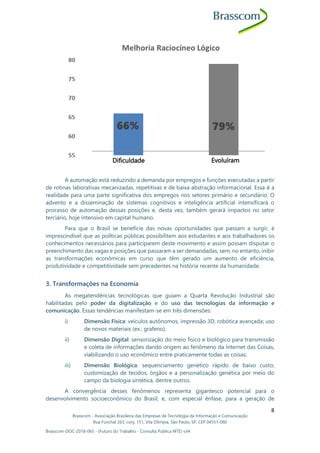 Brasscom - Associação Brasileira das Empresas de Tecnologia da Informação e Comunicação
Rua Funchal 263, conj. 151, Vila Olímpia, São Paulo, SP, CEP 04551-060
Brasscom-DOC-2018-065 - (Futuro do Trabalho - Consulta Pública MTE) v34
8
A automação está reduzindo a demanda por empregos e funções executadas a partir
de rotinas laborativas mecanizadas, repetitivas e de baixa abstração informacional. Essa é a
realidade para uma parte significativa dos empregos nos setores primário e secundário. O
advento e a disseminação de sistemas cognitivos e inteligência artificial intensificará o
processo de automação dessas posições e, desta vez, também gerará impactos no setor
terciário, hoje intensivo em capital humano.
Para que o Brasil se beneficie das novas oportunidades que passam a surgir, é
imprescindível que as políticas públicas possibilitem aos estudantes e aos trabalhadores os
conhecimentos necessários para participarem deste movimento e assim possam disputar o
preenchimento das vagas e posições que passaram a ser demandadas, sem, no entanto, inibir
as transformações econômicas em curso que têm gerado um aumento de eficiência,
produtividade e competitividade sem precedentes na história recente da humanidade.
3. Transformações na Economia
As megatendências tecnológicas que guiam a Quarta Revolução Industrial são
habilitadas pelo poder da digitalização e do uso das tecnologias da informação e
comunicação. Essas tendências manifestam-se em três dimensões:
i) Dimensão Física: veículos autônomos, impressão 3D, robótica avançada; uso
de novos materiais (ex.: grafeno);
ii) Dimensão Digital: sensorização do meio físico e biológico para transmissão
e coleta de informações dando origem ao fenômeno da Internet das Coisas,
viabilizando o uso econômico entre praticamente todas as coisas;
iii) Dimensão Biológica: sequenciamento genético rápido de baixo custo;
customização de tecidos, órgãos e a personalização genética por meio do
campo da biologia sintética, dentre outros.
A convergência desses fenômenos representa gigantesco potencial para o
desenvolvimento socioeconômico do Brasil, e, com especial ênfase, para a geração de
Dificuldade Evoluíram
 