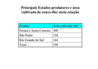 Principais Estados produtores e área
cultivada de couve-flor meia estação
300Paraná e Santa Catarina
530Total
164Rio Grande do Sul
230São Paulo
Área cultivada (ha)Estados
 