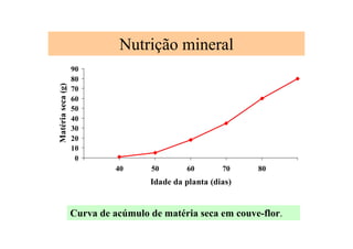 Nutrição mineral
0
10
20
30
40
50
60
70
80
90
40 50 60 70 80
Idade da planta (dias)
Matériaseca(g)
Curva de acúmulo de matéria seca em couve-flor.
 