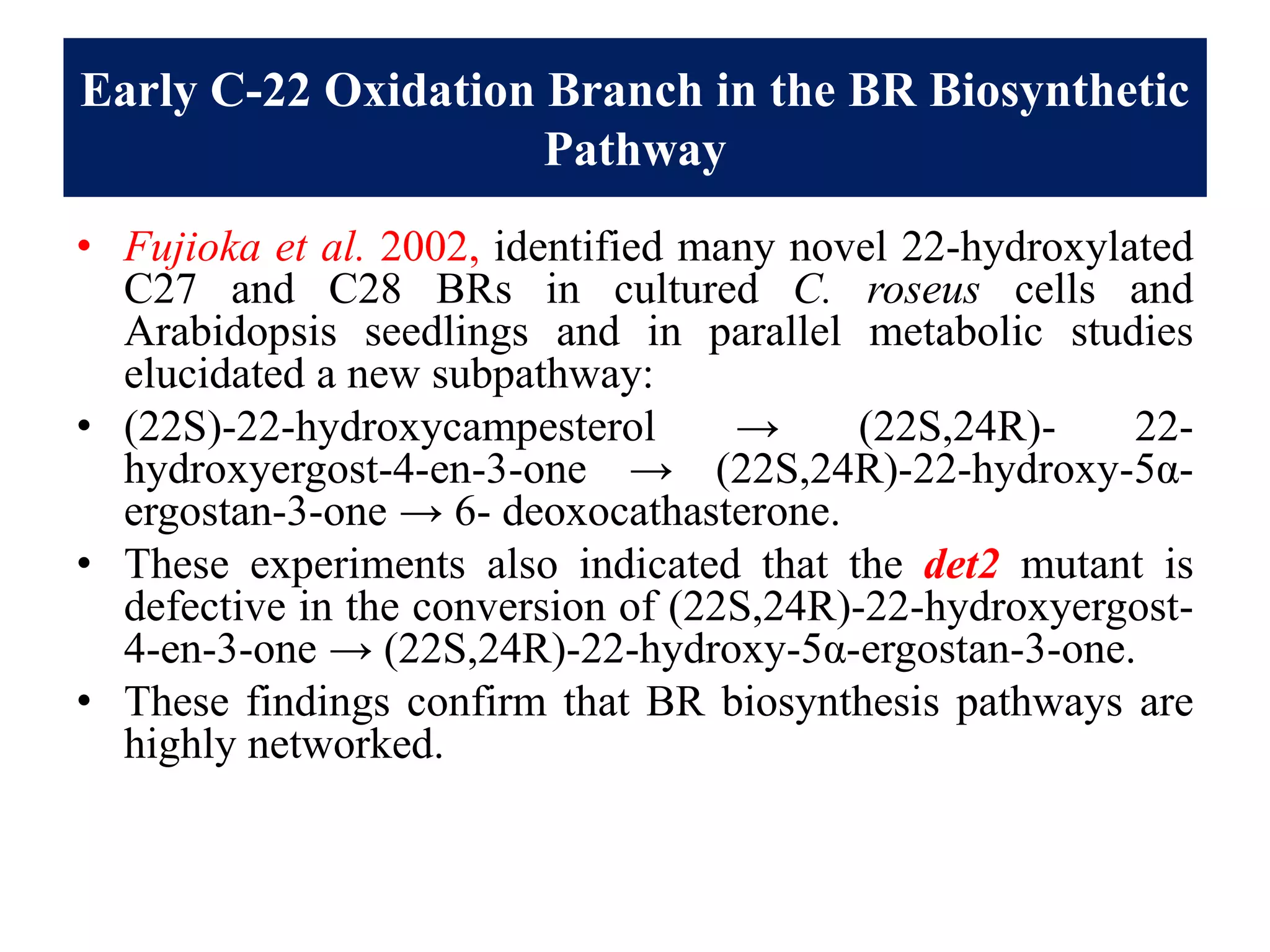 Early C-22 Oxidation Branch in the BR Biosynthetic
Pathway
• Fujioka et al. 2002, identified many novel 22-hydroxylated
C27 and C28 BRs in cultured C. roseus cells and
Arabidopsis seedlings and in parallel metabolic studies
elucidated a new subpathway:
• (22S)-22-hydroxycampesterol → (22S,24R)- 22-
hydroxyergost-4-en-3-one → (22S,24R)-22-hydroxy-5α-
ergostan-3-one → 6- deoxocathasterone.
• These experiments also indicated that the det2 mutant is
defective in the conversion of (22S,24R)-22-hydroxyergost-
4-en-3-one → (22S,24R)-22-hydroxy-5α-ergostan-3-one.
• These findings confirm that BR biosynthesis pathways are
highly networked.
 