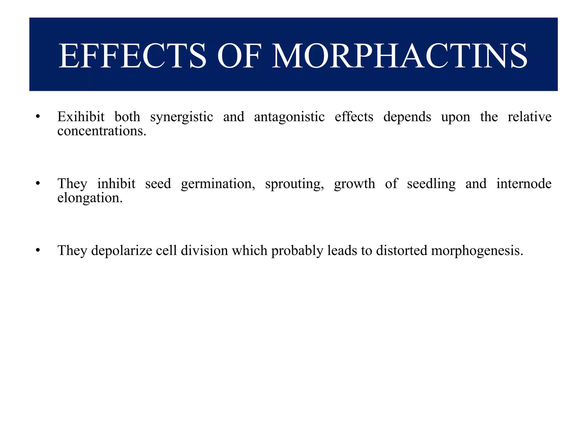 EFFECTS OF MORPHACTINS
• Exihibit both synergistic and antagonistic effects depends upon the relative
concentrations.
• They inhibit seed germination, sprouting, growth of seedling and internode
elongation.
• They depolarize cell division which probably leads to distorted morphogenesis.
 