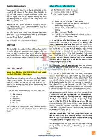 5
www.facebook.com/EnjoyBoardgame
BƢỚC 4: Kết thúc thời kì
Ngay sau khi kết thúc thời kì Canal, bỏ hết tất cả link
canal và thẻ Industry ở Tech Level 1 ra khỏi bản đồ
(bỏ hết cube trên các thẻ đó). Thẻ Level 1 trong xấp
thẻ của người chơi vẫn giữ nguyên. Những thẻ bỏ đi
này không được sử dụng nữa và không được tính
điểm trong thời kì Rail.
Xào lại các thẻ Distant Market và úp xuống như cũ.
Đặt viên đánh dấu Cotton Demand lên ô trên cùng của
Cotton Demand track.
Bắt đầu thời kì Rail, trong lượt đầu tiên bạn được
đánh 2 lá. (Lưu ý nhớ bỏ bớt các lá bài đi khỏi xấp bài
như qui định ở Bước 1 phía trên)
Trò chơi chấm dứt khi thời kì Rail kết thúc.
KẾT THÚC
Trò chơi chấm dứt khi thời kì Rail kết thúc. Người chơi
có điểm thắng VP cao nhất chiến thắng. Nếu hòa
nhau, thì ai có Income cao hơn thắng. Nếu hòa tiếp thì
ai có nhiều tiền mặt hơn thắng. Nếu hòa tiếp nữa thì ai
ở vị trí cao hơn trên Player Order track chiến thắng.
GIẢI THÍCH CHI TIẾT
Vòng chơi đầu tiên của thời kì Canal, mỗi ngƣời
chỉ đánh 1 lá + làm 1 hành động.
Các vòng sau, trong lượt của mình, bạn đánh 1 lá bài
+ làm 1 hành động. Tiếp tục đánh 1 lá bài + làm 1
hành động nữa. (Có thể lặp lại hành động đã làm).
Bạn có thể không thực hiện hành động nhưng vẫn
phải bỏ lá bài đi.
Lá bài cho phép bạn làm 1 trong các hành động sau:
1. Xây industry
2. Xây link
3. Phát triển
4. Bán cotton
5. Vay tiền
Tất cả tiền chi ra khi bạn hành động bỏ vào ô Amount
Spent, gồm cả tiền chi cho Coal, Iron trên Demand
track.
HÀNH ĐỘNG 1 – XÂY INDUSTRY
a. Đánh 1 lá cho phép xây ở Manchester
b. Xem biểu tượng trên thẻ Industry có trùng với
biểu tượng trong ô không
c. Có thể di chuyển Coal đến Manchester, nếu cần
không
d. Lấy 1 iron cube nếu cần
e. Trả tiền cho thẻ Industry đó, có thể phải trả thêm
tiền lấy cube từ Demand track
Vd: Tại Manchester, có 3 ô cho phép
xây nhà máy Cotton hoặc là mỏ Than.
Ô thứ 4 chỉ cho xây nhà máy sắt.
a) 2 loại lá bài gồm lá Location và lá Industry: Lá
Location cho phép xây tại địa điểm đó mà không cần
phải có kết nối (Canal link, Rail link). Lá Industry cho
phép xây loại nhà máy nào nhưng chỉ ở những địa điểm
bạn có kết nối của bạn tới (Canal, Rail của bạn). Với lá
Industry, trong thời kì Canal, bạn xây ở những nơi mà bạn
có canal nối tới; trong thời kì Rail, bạn xây ở những nơi
bạn có rail nối tới hoặc đã có nhà máy sẵn. Nếu bạn
chƣa có nhà máy và link nào trên bản đồ thì dùng lá
Industry để xây nhà máy ở bất kì nơi nào có biểu
tƣợng trùng khớp với lá đó.
b) Di chuyển Coal để xây Industry: Nếu thẻ Industry
của bạn định xây có hình viên Coal màu đen thì bắt buộc
phải có thể chuyển Coal đến địa điểm định xây.
Lấy Coal từ 2 nguồn: Mỏ than (coal mine) hoặc Coal
demand track. Bạn phải luôn ưu tiên lấy Coal (chuyển
bằng link của bạn hoặc người khác) từ địa điểm gần nhất
trên bản đồ (của bạn hoặc của người khác). Ưu tiên nhất
là lấy Coal ngay tại địa điểm xây Industry. Khoảng cách
tính bằng số lượng link nối giữa 2 địa điểm. Bạn có thể
chuyển Coal thông qua External Location. Sau khi chuyển
Coal đến đích đến, bạn bỏ Coal lại vào kho chung (stock)
Nếu không còn Coal để lấy trên bản đồ thì bạn sẽ lấy từ
Coal demand track. Để lấy đƣợc từ Coal demand track,
địa điểm bạn định xây Industry phải có 1 cảng (port)
đã xây hoặc là nối tới 1 cảng đã xây (của bạn hoặc
ngƣời khác) (có thể là thẻ cảng ngửa hoặc đã úp).
External Location cũng được xem là 1 cảng đã xây. Bạn
phải trả thêm tiền cho viên Coal này, ghi trên Demand
track. Nếu không còn Coal trên Demand track, bạn có thể
mua từ kho chung với giá £5.
Ngay khi bạn lấy viên Coal cuối cùng của mỏ than, lật
thẻ mỏ than sang mặt bên kia. Ngƣời chủ của mỏ
than di chuyển thẻ đánh dấu trên Income track bằng
với giá trị ghi trên vòng tròn màu vàng.
Bạn không phải trả tiền than cho chủ mỏ than, và cũng
không phải trả tiền để di chuyển Coal thông qua link của
người khác.
 