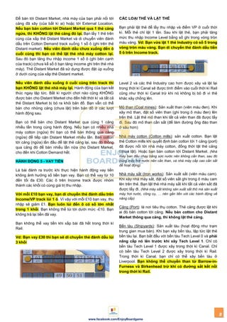 8
www.facebook.com/EnjoyBoardgame
Để bán tới Distant Market, nhà máy của bạn phải nối tới
cảng đã xây (của bất kì ai) hoặc tới External Location.
Nếu bạn bán cotton tới Distant Market qua 1 thẻ cảng
ngửa, thì KHÔNG lật thẻ cảng đó lại. Bạn lấy 1 thẻ trên
cùng của xấp thẻ Distant Market và di chuyển viên đánh
dấu trên Cotton Demand track xuống 1 số ô (ghi trên thẻ
Distant market). Nếu viên đánh dấu chƣa xuống đến ô
cuối cùng thì bạn có thể lật thẻ nhà máy cotton lại.
Sau đó bạn tăng thu nhập income 1 số ô (ghi bên cạnh
của track) (chưa kể số ô bạn tăng income ghi trên thẻ nhà
máy). Thẻ Distant Market đã sử dụng được đặt úp xuống
ở dưới cùng của xấp thẻ Distant market.
Nếu viên đánh dấu xuống ô cuối cùng trên track thì
bạn KHÔNG lật thẻ nhà máy lại. Hành động của bạn kết
thúc ngay lập tức. Bất kì người chơi nào cũng KHÔNG
được bán cho Distant Market cho đến hết thời kì và tất cả
thẻ Distant Market bị bỏ ra khỏi bản đồ. Bạn vẫn có thể
bán cho những cảng (chưa lật) trên bản đồ ở các lượt
hành động sau.
Bạn có thể bán cho Distant Market qua cùng 1 cảng
nhiều lần trong cùng hành động. Nếu bạn có nhiều nhà
máy cotton (ngửa) thì bạn có thể bán thông qua cảng
(ngửa) để tiếp cận Distant Market nhiều lần. Bán cotton
tới cảng (ngửa) lần đầu để lật thẻ cảng lại, sau đó thông
qua cảng đó để bán nhiều lần nữa cho Distant Market,
cho đến khi Cotton Demand hết.
HÀNH ĐỘNG 5 - VAY TIỀN
Lá bài đánh ra trước khi thực hiện hành động vay tiền
không ảnh hưởng số tiền bạn vay. Bạn có thể vay từ 10
đến tối đa £30. Các ô trên Income track được nhóm
thành các khối có cùng giá trị thu nhập.
Với mỗi £10 bạn vay, bạn di chuyển thẻ đánh dấu trên
Income/VP track lùi 1 ô. Vì vậy với mỗi £10 bạn vay, thu
nhập sẽ giảm £1. Bạn luôn lùi đến ô có số lớn nhất
trong 1 khối. Bạn không thể lùi tới dưới mức -£10. Bạn
không trả lại tiền đã vay.
Bạn không thể vay tiền khi xấp bài đã hết trong thời kì
Rail.
Vd: Bạn vay £30 thì bạn sẽ di chuyển thẻ đánh dấu lùi
3 khối
CÁC LOẠI THẺ VÀ LẬT THẺ
Bạn phải lật thẻ để lấy thu nhập và điểm VP ở cuối thời
kì. Mỗi thẻ chỉ lật 1 lần. Sau khi lật thẻ, bạn phải tăng
mức thu nhập Income Level bằng số ghi trong vòng tròn
màu vàng. Vd: Bạn vừa lật 1 thẻ Industry có số 5 trong
vòng tròn màu vàng. Bạn di chuyển thẻ đánh dấu tiến
5 ô trên Income track.
Level 2 và các thẻ Industry cao hơn được xây và lật lại
trong thời kì Canal sẽ được tính điểm vào cuối thời kì Rail
cũng như thời kì Canal trừ khi nó không bị bỏ đi vì thẻ
khác xây chồng lên.
Mỏ than (Coal mines): Sản xuất than (viên màu đen). Khi
xây mỏ than, đặt số viên than (ghi trong ô màu đen) lên
trên thẻ. Lật thẻ mỏ than khi tất cả viên than đã được lấy
đi. Sau đó mỏ than cần sắt (để làm đường ống đào than
ở sâu hơn)
Nhà máy cotton (Cotton mills): sản xuất cotton. Bạn lật
thẻ Cotton mills khi quyết định bán cotton tới 1 cảng (port)
đã được nối tới nhà máy cotton, đồng thời lật thẻ cảng
(chưa lật). Hoặc bạn bán cotton tới Distant Market. (Nhà
máy ban đầu chạy bằng sức nước nên không cần than, sau đó
dùng máy hơi nước nên cần than, và nhà máy cấp cao cần sắt
để hoạt động)
Nhà máy sắt (Iron works): Sản xuất sắt (viên màu cam).
Khi xây nhà máy sắt, đặt số viên sắt ghi trong ô màu cam
lên trên thẻ. Bạn lật thẻ nhà máy sắt khi tất cả viên sắt đã
được lấy đi. (Nhà máy sắt không sản xuất sắt thô mà sản xuất
máy hơi nước, công cụ, … nên gắn liền với các hành động về
nâng cấp)
Cảng (Port): là nơi tiêu thụ cotton. Thẻ cảng được lật khi
ai đó bán cotton tới cảng. Nếu bán cotton cho Distant
Market thông qua cảng, thì không lật thẻ cảng.
Bến tàu (Shipyards): Sản xuất tàu (hoạt động như trạm
trung gian mua bán). Khi bạn xây bến tàu, lập tức lật thẻ
bến tàu lại. Bạn bắt đầu với bến tàu Tech Level 0 và phải
nâng cấp nó lên trƣớc khi xây Tech Level 1. Chỉ có
bến tàu Tech Level 1 được xây trong thời kì Canal. Chỉ
có bến tàu Tech Level 2 được xây trong thời kì Rail.
Trong thời kì Canal, bạn chỉ có thể xây bến tàu ở
Liverpool. Bạn không thể chuyển than từ Barrow-in-
Furness và Birkenhead trừ khi có đƣờng sắt kết nối
trong thời kì Rail.
 