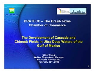 BRATECC – The Brazil-Texas
       Chamber of Commerce


    The Development of Cascade and
Chinook Fields in Ultra Deep Waters of the
             Gulf of Mexico

                   César Palagi
            Walker Ridge Asset Manager
              Petrobras America Inc.
                February 26th , 2010
                     1 of 20
                                             1
 