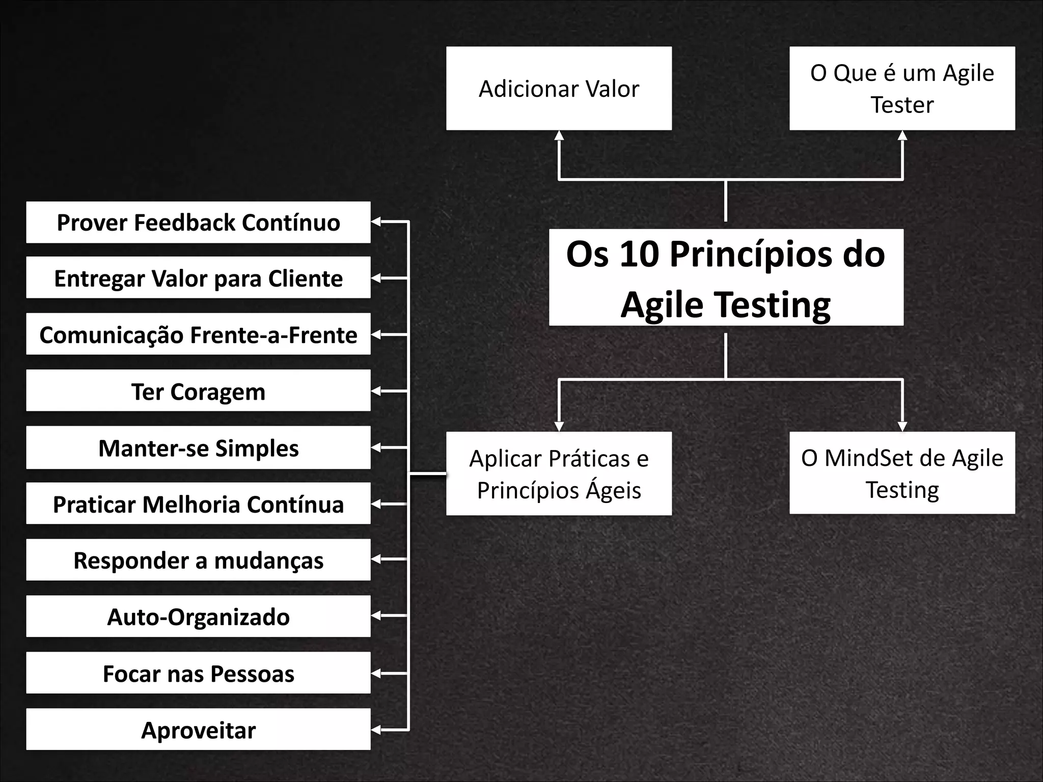 Adicionar	
  Valor

Prover	
  Feedback	
  Contínuo
Entregar	
  Valor	
  para	
  Cliente
Comunicação	
  Frente-­‐a-­‐Frente

O	
  Que	
  é	
  um	
  Agile	
  
Tester

Os	
  10	
  Princípios	
  do	
  
Agile	
  Testing

Ter	
  Coragem
Manter-­‐se	
  Simples
Praticar	
  Melhoria	
  Contínua
Responder	
  a	
  mudanças
Auto-­‐Organizado
Focar	
  nas	
  Pessoas
Aproveitar

Aplicar	
  Práticas	
  e	
  
Princípios	
  Ágeis

O	
  MindSet	
  de	
  Agile	
  
Testing

 