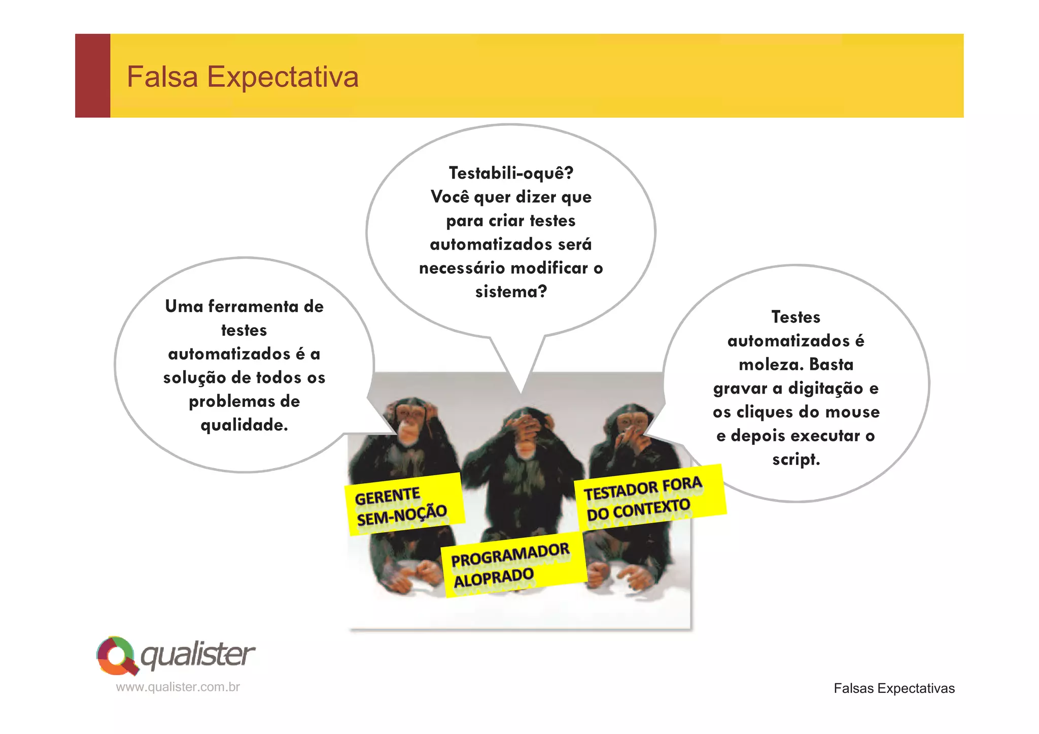 Falsa Expectativa


                                Testabili-oquê?
                              Você quer dizer que
                                para criar testes
                              automatizados será
                             necessário modificar o
                                   sistema?
       Uma ferramenta de
                                                              Testes
              testes
                                                        automatizados é
        automatizados é a
                                                         moleza. Basta
       solução de todos os
                                                      gravar a digitação e
          problemas de
                                                      os cliques do mouse
            qualidade.
                                                      e depois executar o
                                                              script.




www.qualister.com.br                                                Falsas Expectativas
 