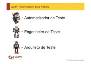 Quem Automatiza e Seus Papéis



                       • Automatizador de Teste


                       • Engenheiro de Teste



                       • Arquiteto de Teste

www.qualister.com.br                              Quem automatiza e seus papéis
 