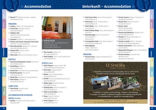 TIPS FOR
SIGHTSEEING

MUSEUMS &
GALLERIES

Downtown Backpackers Hostel, Panenská 31
www.backpackers.sk
Hostel Blues, Špitálska 2
www.hostelblues.sk
Hostel City, Obchodná 38, www.cityhostel.sk
Hostel Possonium, Šancová 20
www.possonium.sk
Hostel Star, Beckovská 42, www.hotelstar.sk
Patio Hostel, Špitálska 35
www.patiohostel.com

TYPICAL
BRATISLAVA

USEFUL
INFORMATION

CAMP SITES

64

Zlaté Piesky, Senecká cesta 2
www.intercamp.sk

ACCOMMODATION IN REGION
HOTELS ★★★★
Kamila,Chorvátsky Grob, Čierna voda 611
www.kamila.sk

PENSIONS
Penzión Privát, Stupava, Hviezdoslavova 72
www.privatik.sk

HOTELS ★★★
Hotel Stupava, Stupava, Nová 1588
www.hotelstupava.investgroup.sk
Park Hotel, Stupava Nová 64
www.parkhotel.sk
Maxim, Svätý Jur,Bratislavská 52
www.hotelmaxim.sk
ISTOTA, Pezinok, Kučišdorfská dolina 2559
www.hotelistota.sk
Galbov mlyn, Viničné pri Pezinku
www.galbovmlyn.sk
Vinársky dom ,Pezinok, Holubyho 27
www.vinarskydom.sk
Hotel na vrchu Baba, Pezinok
www.motelbaba.sk
Kriser, Pezinok, Tehelná 4
www.hotel-kriser.com
Hotel Limbach, SNP 18
www.hotellimbach.sk

Comfortable environment in attractive place next to castle Devín
Beautiful summer terrace with big g and live music
f
g grill

FREIZEIT
NACHTLEBEN
SHOPPING
GASTRONOMIE
UNTERKUNFT

Tilia, Pezinok, Kollárova 20
402, www.hoteltilia.sk
Hotel Dolphin, Senec, Slnečné jazerá sever,
www.hoteldelfin.sk

VERANSTALTUNGSKALENDER

CALENDAR
EVENTS

HOSTELS

HOSTEL BLUES
Špitálska 2, tel.: +421 (0)905 20 40 20
www.hostelblues.sk
bookings@hostelblues.sk

ATTRAKTIVITÄTEN

Caribics, Žižkova 1/A, www.caribics.sk
Castle Club, Zámocké schody 4
www.stayslovakia.sk
Galloper Club
Vápenka 54, Devínska Nová Ves
www.galloper.sk
Gremium, Gorkého 11, www.gremium.sk
Penzion and Jewish restaurant Chez David
Zámocká 13, www.chezdavid.sk
Rusovský penzión, Balkánska 113, Rusovce
zlatica.antosova@stonline.sk
Slovport BTS, Ivanská cesta 81
www.slovport.sk
Zlatá noha, Bellova 2/A, www.zlata-noha.sk

Penzión Zuzana, Malacky, Továrenská 15
www.penzionzuzana.sk
Penzión Zita, Modra, Trnavská 33
www.penzionzita.sk
Rustica- Garni
Pezinok, Bratislavská 62
www.penzionrustica.sk
Penzión pod kláštorom, Holubyho ul.61
www.penzionpezinok.sk
Penzión 77, Pezinok, Bernolákova 77
www.penzion77.sk
Penzión U Jozefa, Modra - Harmónia,
Okružná 3164, www.travelguide.sk
Penzión Club M.K.M., Modra, Štúrova 25
www.modra.sk
Agropenzión Bouquet, Svätý Jur, Prostredná 49,
www.travelguide.sk
Penzión Karolína, Slovenský Grob
Vajnorská cesta 2
www.penzion-karolina.sk

MUSEEN &
GALERIEN

PENSIONS

Hotel Senec Relax, Senec, Slnečné jazerá -S
www.hotelsenec.sk
Hotel Senec, Senec, Slnečné jazerá -S
www.hotelsenec.sk
Hotel Zátoka, Senec, Slnečné jazerá- S
www.zatoka.sk
Hotel Holiday Village, Senec, Slnečné jazerá- S
www.hv.sk
Hotel Nostalgia, Senec,Lichnereova 28
Slnečné jazerá- S
www.senec.sk
Cosmopolitan hotel, Senec,Slnečné jazerá- S
www.hotelcosmopolitan.sk
Hotel Majolika
Modra, Súkenícka 41
www.hotelmajolika.sk

Possibility to organize social meetings, seminars, and trainings
ibilit t
i
i l
ti
i
dt i i
For groups, we organize traditional slaughter with tasting of special food
Accommodation for 11 people for reasonable prices
Hutnická 2, 841 10 Bratislava – DEVÍN
tel.: +421 902 18 24 30, mail: penzionsrncik@board.sk, www.usrncika.sk

NÜTZLICHE
INFORMATIONEN

Marina****, Nábrežie arm.gen.L.Svobodu
www.botelmarina.sk

Unterkunft – Accommodation

TYPISCHES über
BRATISLAVA

ACCOMMODATION

GASTRONOMY

SHOPPING

NIGHT LIFE

LEISURE
TIME

Accommodation

65

 