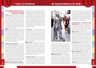 6

Christmas markets – The Christmas season
in Slovakia adheres closely to a variety of folk
customs and traditions, many of which have
their origins in the Christian religion. The Christmas market is traditional for Advent and offers
a wealth of traditional Christmas ornaments,

garlands, Christmas trees and carp, as well as
numerous typical delicious dishes and drinks –
the smell of which is irresistible. When walking
through the town in the cold of winter, you
may like to warm yourself with some traditional
Christmas cabbage soup, the unique taste of
which comes from smoked sausages, dried
mushrooms, dried plums, and red paprika.
Weihnachtsmärkte – Die Weihnachtszeit
in der Slowakei steht ganz im Zeichen von
Volksbräuchen und Traditionen, von denen
viele ihren Ursprung im Christentum haben. Der
Weihnachtsmarkt ist eine traditionelle Attraktion
für den Advent und bietet viel traditionellen
Weihnachtschmuck, Kränze, Weihnachtsbäume
und Karpfen wie auch eine Vielzahl von typischen

FREIZEIT
NACHTLEBEN
SHOPPING
GASTRONOMIE
UNTERKUNFT

Raritäten der Stadt

Rubberneck (Panská and Sedlárska street)
no other city in the world has a statue sticking
out of a manhole! Rubberneck has already lost
his head twice due to careless drivers, therefore
the city councillors decided to help him by
erecting a road sign to warn drivers.
Der Gaffer (Panská und Sedlárska Straße)
stellt zwar keine bedeutende Persönlichkeit dar,
aber keine Stadt der Welt hat eine Statue, die
aus einem Kanaldeckel schaut. Der Gaffer kam
wegen unaufmerksamen Kraftfahrern schon
zwei Mal um seinen Kopf und so entschieden sich
die Ratsherren, auf ihn durch ein Verkehrszeichen
aufmerksam zu machen und es hat geholfen.
Schöne Náci (Sedlárska street) was a real
part of Bratislava local colour. This statue commemorates the eccentric dandy who dressed in a
top hat and tails and lived at the beginning of the
20th century. He was often seen strolling around
the Bratislava korzo, giving flowers to passing ladies
and sometimes adding a pre-war musical hit.
Der Schöne Náci(Sedlárska Straße) ist ein
reeller Bestandteil des Bratislavaer Kolorits. Diese
Statue erinnert an einen wunderlichen Herrn mit
Frack und Zylinder, der Anfang des 20. Jahrhunderts lebte. Er war durch seine Spaziergänge auf
dem Bratislavaer Korso bekannt und beschenkte
dabei Passantinnen mit Blumen und sang dazu
auch manchmal einen Vorkriegsschlager.
Taunter (Panská street) is a strange figure.
There are various explanations for this statue of

VERANSTALTUNGSKALENDER

CITY CURIOSITIES

MUSEEN &
GALERIEN

Wine and Slovak aperitifs – It is said that
Roman legions planted the first vineyards in the
Small Carpathians, cultivating the vineyards and
improving the grapes to the very highest quality.
From 1767, Frankovka from Rača was regularly
supplied to the court of Empress Maria Theresa.
The first industrial producer of wine was the Hubert company, which was established in 1825 by
J.E. Hubert and produced the first sparkling wine
in Central Europe. The Hubert brand is today
based in the town of Sereď, which is renewn for
its champagne production. In addition to wines,
other traditional drinks include spirits the best
known of which is slivovica (plum brandy).
Wein und die slowakischen Apperitivs –
Schon die römischen Söldnerheere sollen in den

Souvenirs – many traditional arts and
crafts are available in the capital city. The most
popular materials for the manufacture of
souvenirs include wood, corn husks, leather,
ceramics and embroidery. The most interesting
souvenirs which best characterize Bratislava
and Slovakia include – črpáky (carved wooden
cups), wire-sculpted articles, corn husk dolls,
articles from straw and wicker, painted ceramics, and Easter eggs.
Souvenire – viele traditionelle Kunsttätigkeiten und -Handwerke sind auch in der
Hauptstadt noch immer lebendig. Für die Herstellung von Souveniren werden am meisten Holz,
Maisblätter, Leder, Ton und Stickerei verwendet.
Zu den interessantesten, für Bratislava und die
Slowakei charakteristischen Souveniren gehören
- Holzgefäße, Gegenstände aus Draht, Puppen
aus Maisschalen, Stroh- und Korbgegenstände,
bemalte Keramik und Ostereier.

Gaumenfreuden und Getränken - deren Duft und
Aroma man im Vorbeigehen kaum wiederstehen
kann. Beim Spaziergang durch die Stadt in eisiger
Kälte können Sie sich etwas mit einer traditionellen weihnachtlichen Kohlsuppe wärmen, deren
einzigartiger Geschmack von geräucherter Wurst,
getrockneten Pilzen und Pflaumen wie auch von
rotem gemahlenen Paprika herrühren.

ATTRAKTIVITÄTEN

Korzo (pedestrian zone) – in the past it
led from Michalská and Sedlárska Street to the
Main Square and continued on through Rybárska gate to Hviezdoslavovo square, ending
at the Propeler café on the Danube riverfront.
Today, it is a meeting place for people of all age
at various cafés, confectioners, and restaurants,
where they savour the specialities of Pressburg
cuisine, or typical cakes which include Bratislava
rolls, apple strudel, Morrello cherry, poppy seed
strudel, and walnut strudel.
Korso – er führte auf der Michalska und Sedlárska Straße zum Hauptplatz, weiter durch das
Fischertor auf den Hviezdoslavplatz und endete
am „Propeller“ am Donauplatz. Heute ist er Treffpunkt für Menschen aller Kategorien in verschiedenen Cafés, Konditoreien, Restaurants, wo sie die
Spezialitäten der Pressburger Küche oder typische
Konditoreiwaren genießen, zu denen unbedingt
Bratislavaer Hörnchen, Apfel-, Sauerkirsch-Mohnund der Wallnussstrudel gehören.

Kleinen Karpaten die ersten Weingärten angelegt,
bearbeitet und zu Spitzenqualität veredelt haben.
Der Blaufränkische aus Rača wurde sogar seit
1767 regelmäßig an den kaiserlichen Hof Maria
Theresias geliefert. Die erste industrielle Weinherstellung erfolgte durch die Firma Hubert, die 1825
von J.E. Hubert gegründet wurde und der erste
Schaumweinhersteller in Mitteleuropa wurde. Die
Marke Hubert wird bis heute in der Kleinstadt Sereď
benutzt, die durch ihre Sektherstellung bekannt ist.
Außer dem Wein zählen auch die Branntweine zu
den traditionellen Getränken, am bekanntesten ist
der Pflaumenschnaps

NÜTZLICHE
INFORMATIONEN

TOPICS OF BRATISLAVA AND REGION
Die Hauptattraktionen der Stadt
Bratislava und der Region

Die Hauptattraktionen der Stadt

TYPISCHES über
BRATISLAVA

TYPICAL
BRATISLAVA

USEFUL
INFORMATION

TIPS FOR
SIGHTSEEING

MUSEUMS &
GALLERIES

CALENDAR
EVENTS

ACCOMMODATION

GASTRONOMY

SHOPPING

NIGHT LIFE

LEISURE
TIME

Topics of Bratislava

7

 