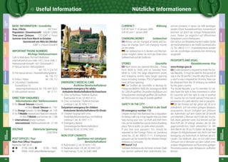 14

DIRECTORY ENQUIRIES
Informationen über Telefonnummern
for Slovak Telecom network
im Netz Slovak Telecom tel.: 1181
for Orange network / im Netz Orange tel.: 1185
for T-Mobile network and fixed line network
im Netz T-Mobile und Festnetz tel.: 1188
international phone numbers
internationale Telefonnummern tel.: 12 149

VOLTAGE

Elektrische Spannung

EMERGENCY MEDICAL CARE
Ärztlicher Bereitschaftsdienst
Outpatient emergency for adults
Ambulanter Bereitschaftsdienst für Erwachsene
Clinic to Ružinov/ Poliklinik Ružinov
Ružinovská 10, tel.: 02 4823 4113
Clinic to Kramáre / Poliklinik Kramáre
Limbová 5, tel.: 02 5954 1111
Outpatient emergency for children
Ambulanter Bereitschaftsdienst für Kinder
Children hospital with clinic
Kinderfakultätskrankenhaus mit Poliklinik
Limbová 1, tel.: 02 5937 1111
Emergency dentist
Stomatologischer Bereitschaftsdienst
Drieňová 38, tel.: 02 4342 3433

220V/50Hz

POST OFFICES / Post
Main Post Office/ Hauptpost
Námestie SNP 34-35
➊–➎
07:00–20:00, ❻
07:00 – 18:00,
➐
09:00–14:00 Letters/Briefsendungen

NONSTOP CHEMISTS
Apotheken mit ständigem
Bereitschaftsdienst
Ružinovská 12, tel.: 02 4333 1143
Račianske mýto 1/A, tel.: 02 4445 5291
Strečnianska 13, tel.: 02 6383 5868

Geschäfte

Most stores are opened Monday – Friday
from 08:00 to 18:00, and on Saturday from
08:00 to 12:00. The large department stores
and shopping centres have longer opening
hours including Sundays. TESCO hypermarkets
have 24-hour opening.
Der Großteil der Geschäfte ist Montag bis
Freitag von 08:00 bis 18:00 Uhr, Samstag von 08:00
bis 12:00 Uhr geöffnet. Die großen Kaufhäuser und
Einkaufszentren sind länger geöffnet. Die Großmärkte TESCO sind non stop 24 Stunden geöffnet.

SAFETY IN THE CITY
Sicherheit in der Stadt
emergency number: 112
Despite the fact that Bratislava has a reputation
for being a safe city, it may happen that you need
help during your visit. Car theft and theft from
cars can be avoided by a good choice of parking
place. Park at public car parks when possible.
If you lose your passport, this should be
reported to the Foreign Police on Sasinkova
street No. 23, tel.: 09610 11111. A temporary
passport can be issued by the relevant foreign
embassy or consulate.
Notruf :112
Trotzdem Bratislava den Ruf einer sicheren Stadt
hat, können während Ihres Aufenthaltes Situ-

PASSPORTS AND VISAS
Reisedokumente, Visa
www.foreign.gov.sk
A valid passport is required to enter the Slovak Republic. It must be valid for the period of
stay in the SR, and for 2 months after the end of
a visa if a visa is required for SR entry. Visas can
be obtained from the SR embassy accredited
for the given country.
The Slovak Republic is an EU member. EU citizens have the right to free movement in other
EU countries and the right to stay in another
EU country for a 6 month period if they are in
possession of a valid identity card or passport.
Bei der Einreise auf das gebiet der SR ist es
erforderlich, sich mit einem gültigen Reisepass
auszuweisen, dessen Gültigkeit den Zeitraum
des Aufenthalts auf dem Gebiet der SR betrifft
und ebenfalls 2 Monate nach Ende des Visums,
falls dieses gefordert wird. Visa können auf der
Botschaft der SR erlangt werden, die für den
gegenständlichen Stadt akkreditiert ist. Mit
dem Beitritt der SR zur EU haben die Bürger der
übrigen EU-Mitgliedstaaten das Recht auf freie
bewegung und Aufenthalt im Rahmen der EULänder. Das bedeutet, dass sie sich über einen
Zeitraum von 6 Monaten auf dem Gebiet eines
anderen Mitgliedstaates auf Rund eines gültigen
Personalausweises oder Reisepasses aufhalten
können.

NACHTLEBEN
SHOPPING
GASTRONOMIE

STORES

UNTERKUNFT

IMPORTANT PHONE NUMBERS
Wichtige Telefonnummern
Calls to Bratislava / Ruf nach Bratislava:
International access code: +421, Local code: 2
Internationale Vorwahl: +421 Ortsvorwahl: 2
Rescue service / Rettungsdienst
tel.: 155, 112,16 155
Fire rescue service / Feuerwehrrettungsdienst
tel.: 150, 112
Police / Polizei
tel.: 158, 112
City police / Stadtpolizei,
Gunduličova 10,
www.msp.bratislava.sk, tel.: 159, 5441 8223
Info assistant service:
tel: 12 111

Geldwechsel

Money can be changed at banks and bureaus de change. Don’t risk changing money
on the street.
Der Geldwechsel ist in Banken und Wechselstuben möglich. Gehen Sie nicht das Risiko eines
Geldwechsels auf der Straße ein.

ationen eintreten, in denen Sie Hilfe benötigen
werden. Einem Autodiebstahl bzw. Autoeinbruch
kommen Sie durch die richtige Parkplatzwahl
zuvor. Parken Sie möglichst auf öffentlichen
Parkplätzen und in Parkhäusern.
Den Verlust von Reisedokumenten melden Sie bei
der Ausländerpolizei in der Straße Sasinková ulica
23, Tel.: 09610 11111. Ersatzdokumente werden
von der zuständigen ausländischen Vertretung
ausgestellt.

VERANSTALTUNGSKALENDER

CHANGING MONEY

Währung

MUSEEN &
GALERIEN

EUR /€/ from 1st of January 2009
EUR /€/ vom 1. Januar 2009

ATTRAKTIVITÄTEN

CURRENCY

Area / Fläche
367.5 km2
Population / Einwohnerzahl 426,061 (2006)
Time zone / Zeitzone
CET (GMT + 1 hour)
Summer time from March to October
Sommerzeit von März bis Oktober
(GMT + 2 hours/Stunden)

NÜTZLICHE
INFORMATIONEN

BASIC INFORMATION / Grundinfos

FREIZEIT

Nützliche Informationen

TYPISCHES über
BRATISLAVA

TYPICAL
BRATISLAVA

USEFUL
INFORMATION

TIPS FOR
SIGHTSEEING

MUSEUMS &
GALLERIES

CALENDAR
EVENTS

ACCOMMODATION

GASTRONOMY

SHOPPING

NIGHT LIFE

LEISURE
TIME

Useful Information

15

 