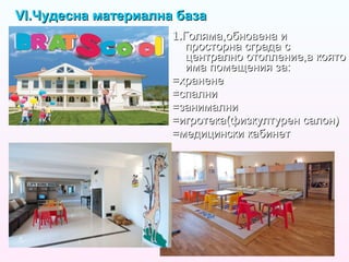 VI. Чудесна материална база 1. Голяма,обновена и просторна сграда с централно отопление,в която има помещения за: =хранене =спални  =занимални =игротека(физкултурен салон) =медицински кабинет 