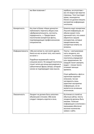 мы Вам позвоним ! пробелы, их отсутствие –
все это видно при верстке
страницы. Текст выглядит
криво, неаккуратно.
Ничего не должно мешать
восприятию информации
читателем.
Конкретность Не стоит в блоке «Наши ценности»
публиковать перечень общих слов:
«Доброжелательность, честность,
порядочность…». Предоставьте
посетителям конкретные факты,
подтверждающие профессионализм
специалистов.
Клиенты ищут конкретики.
Лишняя информация, ее
обилие может стать
причиной того, что клиент
обратится к вашим
конкурентам, которые
предоставили ему
конкретные ответы на
вопросы.
Информативность «Мы все хотим то, чего хотят другие.
Никто из нас не хочет того, чего никто
не хочет.»
Подобных выражений в тексте
слишком много. Не каждый посетитель
станет читать до конца рассуждения и
субъективные фразы автора, который
ничем не подтверждает свои мысли.
Тексты – неотъемлемая
часть лендинга, его
«скелет», по которому
посетитель определяет
суть предложения. Не
каждый станет смотреть
видео – чтение текста
отнимает меньше
времени.
Стоит добавлять к фото и
картинкам короткие
описания, так как
наглядность лишь
укрепляет восприятие
информации, но не
является ее основным
источником.
Лаконичность Лендинг не должен быть наполнен
объемными статьями. Обо всем
следует говорить коротко и ясно.
В отличие от статей на
обычных сайтах, тексты
лендингов должны быть
емкими. Тезисная
информация в сочетании с
призывами обеспечит
высокое количество
заявок с сайта.
 