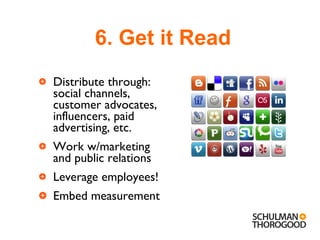 Distribute through: social channels, customer advocates, influencers, paid advertising, etc. Work w/marketing and public relations Leverage employees! Embed measurement 6. Get it Read 