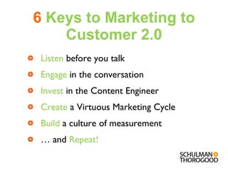 6  Keys to Marketing to Customer 2.0 Listen  before you talk Engage  in the conversation Invest  in the Content Engineer Create  a Virtuous Marketing Cycle Build  a culture of measurement …  and  Repeat! 