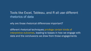 Tools like Excel, Tableau, and R all use different
rhetorics of data
why are those rhetorical differences important?
different rhetorical techniques privilege certain kinds of
interpretive outcomes, leading to biases in how we engage with
data and the conclusions we draw from those engagements
 