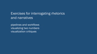 Exercises for interrogating rhetorics
and narratives
pipelines and workflows
visualizing two numbers
visualization critiques
 