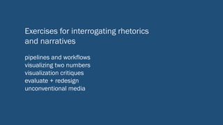 Exercises for interrogating rhetorics
and narratives
pipelines and workflows
visualizing two numbers
visualization critiques
evaluate + redesign
unconventional media
 