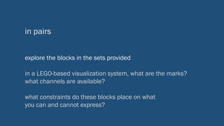 in pairs
explore the blocks in the sets provided
in a LEGO-based visualization system, what are the marks?
what channels are available?
what constraints do these blocks place on what
you can and cannot express?
 