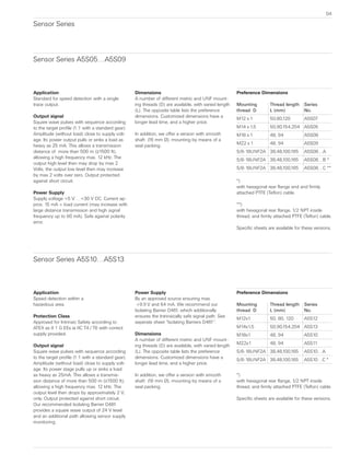 Sensor Series
Sensor Series A5S05…A5S09
Application
Standard for speed detection with a single
trace output.
Output signal
Square wave pulses with sequence according
to the target profile (1:1 with a standard gear).
Amplitude (without load) close to supply volt-
age. Its power output pulls or sinks a load as
heavy as 25 mA. This allows a transmission
distance of  more than 500 m (≥1500 ft),
allowing a high frequency max. 12 kHz. The
output high level then may drop by max 2
Volts, the output low level then may increase
by max 2 volts over zero. Output protected
against short circuit.
Power Supply
Supply voltage +5 V …+30 V DC. Current ap-
prox. 15 mA + load current (may increase with
large distance transmission and high signal
frequency up to 60 mA). Safe against polarity
error.
Dimensions
A number of different metric and UNF mount-
ing threads (D) are available, with varied length
(L). The opposite table lists the preference
dimensions. Customized dimensions have a
longer lead time, and a higher price.
In addition, we offer a version with smooth
shaft  (16 mm Ø), mounting by means of a
seal packing.
Preference Dimensions
Mounting	 Thread length	 Series
thread D 	 L (mm)	 No.
M12 x 1	 50,80,120	 A5S07
M14 x 1,5	 50,90,154,204	 A5S05
M18 x 1	 48, 94	 A5S08
M22 x 1	 48, 94	 A5S09
5/8-18UNF2A	 38,48,100,165	 A5S08…A
5/8-18UNF2A	 38,48,100,165	 A5S08…B *
5/8-18UNF2A	 38,48,100,165	 A5S08…C **
*)	
with hexagonal rear flange end and firmly
attached PTFE (Teflon) cable.
**)
with hexagonal rear flange, 1/2 NPT inside
thread, and firmly attached PTFE (Teflon) cable.
Specific sheets are available for these versions.
Sensor Series A5S10…A5S13
Application
Speed detection within a
hazardous area.
Protection Class
Approved for Intrinsic Safety according to
ATEX as II 1 G EEx ia IIC T4 / T6 with correct
supply provided.
Output signal
Square wave pulses with sequence according
to the target profile (1:1 with a standard gear).
Amplitude (without load) close to supply volt-
age. Its power stage pulls up or sinks a load
as heavy as 25mA. This allows a transmis-
sion distance of more than 500 m (≥1500 ft),
allowing a high frequency max. 12 kHz. The
output level then drops by approximately 2 V,
only. Output protected against short circuit.
Our recommended Isolating Barrier D461
provides a square wave output of 24 V level
and an additional path allowing sensor supply
monitoring.
Power Supply
By an approved source ensuring max.
+9.9 V and 64 mA. We recommend our
Isolating Barrier D461, which additionally
ensures the Intrinsically safe signal path. See
seperate sheet “Isolating Barriers D461”.
Dimensions
A number of different metric and UNF mount-
ing threads (D) are available, with varied length
(L). The opposite table lists the preference
dimensions. Customized dimensions have a
longer lead time, and a higher price.
In addition, we offer a version with smooth
shaft  (16 mm Ø), mounting by means of a
seal packing.
Preference Dimensions
Mounting	 Thread length	 Series
thread D 	 L (mm)	 No.
M12x1	 50, 80, 120	 A5S12
M14x1,5	 50,90,154,204	 A5S13
M18x1	 48, 94	 A5S10
M22x1	 48, 94	 A5S11
5/8-18UNF2A	 38,48,100,165	 A5S10…A
5/8-18UNF2A	 38,48,100,165	 A5S10…C *
*)
with hexagonal rear flange, 1/2 NPT inside
thread, and firmly attached PTFE (Teflon) cable.
Specific sheets are available for these versions.
04
 