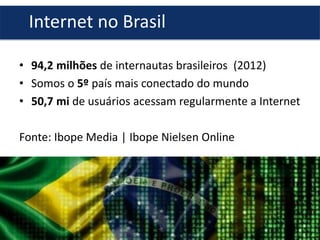 Internet no Brasil
• 94,2 milhões de internautas brasileiros (2012)
• Somos o 5º país mais conectado do mundo
• 50,7 mi de usuários acessam regularmente a Internet
Fonte: Ibope Media | Ibope Nielsen Online

 