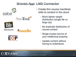 Create thin course manifests
                  refer to content in the cloud
                             Much lighter weight
                             distribution (single file vs.
                             large zip)
                             No duplicate distribution of
                             course content
                             Single trusted source of
                             your intellectual property
                             Update content without
                             having to redistribute



© 2012 Xyleme, Inc.- All rights reserved                     15
 